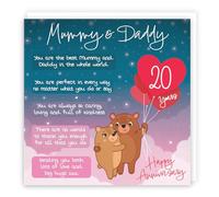 Hunts England - Mummy And Daddy 20th Anniversary Card - Starry Night - Cute Bears - Verse 20th Anniversary Card For Mummy And Daddy - Happy 20th Anniversary Poem Card For Parents
