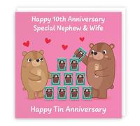 Hunts England - Nephew And Wife 10th Anniversary Card - Tin Anniversary - 10 Years - Cute Fun Bears Card - Love Story Collection