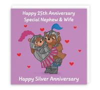 Hunts England - Nephew And Wife 25th Anniversary Card - Silver Anniversary - 25 Years - Cute Fun Bears Card - Love Story Collection
