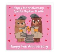 Hunts England - Nephew And Wife 6th Anniversary Card - Iron Anniversary - Sixth Anniversary - 6 Years - Cute Fun Bears Card - Love Story Collection
