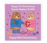 Hunts England - Nephew And Wife 7th Anniversary Card - Wool Anniversary - Seventh Anniversary - 7 Years - Cute Fun Bears Card - Love Story Collection