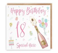 Hunts England - Niece 18th Birthday Card - Happy Birthday - Special Niece - 18 - Champagne Collection - Pretty, Balloons, Cake Card