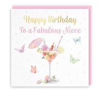 Hunts England - Niece Pink Cocktail And Butterflies Elegant Birthday Card - Gold Foil - Milo's Gallery - Drinks, Flowers, Hearts Female Birthday Card For Niece