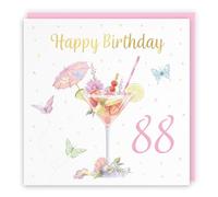Hunts England - Pink Cocktail And Butterflies Elegant 88th Birthday Card - Gold Foil - Milo's Gallery - Age 88 Female Birthday Card - For 88 Year Old - Age Eighty Eight