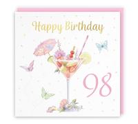 Hunts England - Pink Cocktail And Butterflies Elegant 98th Birthday Card - Gold Foil - Milo's Gallery - Age 98 Female Birthday Card - For 98 Year Old - Age Ninety Eight