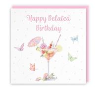 Hunts England - Pink Cocktail And Butterflies Elegant Belated Birthday Card For Her - Milo's Gallery - Drinks, Flowers, Hearts Female Belated Birthday Card - Late Birthday Card - For Women
