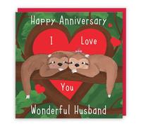 Hunts England - Romantic Sloths Husband Anniversary Card - I Love You - Happy Anniversary - Wonderful Husband - Cute Animals Collection