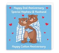Hunts England - Same Sex Nephew And Husband 2nd Anniversary Card - Cotton Anniversary - Second Anniversary - 2 Years - Cute Fun Bears Card - Love Story Collection