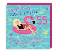 Hunts England Sister 55th Birthday Card Flamingo Float Funny Cheeky | Laugh Out Loud, Funny, Colourful, Pink, Drink, Fun, Fifty Five, Age 55, Female, For Her, Women, 14.5 x 14.5 cm