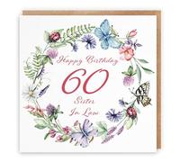 Hunts England - Sister In Law 60th Birthday Card - Happy Birthday - 60 - Sister In Law - Meadow Collection - Flowers, Butterflies, Pretty Card