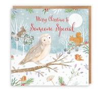Hunts England - Someone Special Cute Owl Christmas Card - Nature's Treasures - Happy Animal Wildlife Merry Xmas Card - Robin, Mouse, Squirrel - For Boys, Girls, Men, Women, Kids, Adults