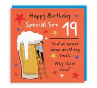 Hunts England Son 19th Birthday Card Big Beer Funny Cheeky | Laugh Out Loud, Funny, Bold, Colourful, Humorous, Nineteen, Age 19, Male, For Him, Men, 14.5 x 14.5 cm
