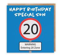 Hunts England - Son 20th Birthday Card - Happy Birthday - Special Son - Warning Entering 20 Zone - Road Sign Collection - Funny Birthday Card