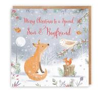 Hunts England - Son And Boyfriend Cute Fox Christmas Card - Nature's Treasures - Happy Animal Wildlife Cute Fun Merry Xmas Card - Robin, Owl, Squirrel - From Mum, Dad, Parents
