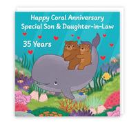 Hunts England - Son And Daughter In Law 35th Anniversary Card - Coral Anniversary - 35 Years - Cute Fun Bears Card For Son & Daughter-in-Law - Love Story Collection