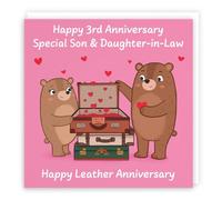 Hunts England - Son And Daughter In Law 3rd Anniversary Card - Leather Anniversary - Third Anniversary - 3 Years - Cute Fun Bears Card For Son & Daughter-in-Law - Love Story Collection