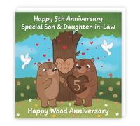 Hunts England - Son And Daughter In Law 5th Anniversary Card - Wood Anniversary - Fifth Anniversary - 5 Years - Cute Fun Bears Card For Son & Daughter-in-Law - Love Story Collection