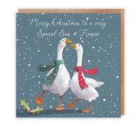 Hunts England Son And Fiancée Stunning Artistic Christmas Card - Merry Christmas To A Very Special Son & Fiancée - Festive Geese - Milo's Gallery Collection