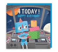 Hunts England - Space Robot Boys 4th Birthday Card - 4 Today! - Happy Birthday - Robot On A Spaceship - Children's/Kids Card - Imagination Collection