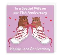 Hunts England - Wife 13th Anniversary Card - Lace Anniversary - 13 Years - Cute Fun Bears Card - Love Story Collection