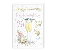 Hunts England - Wife 26th Anniversary Card - A5 Size - Champagne Flutes - Gold Foil - Luxury 26th Anniversary Card For Wife - 26 Years - 26th Anniversary - Milo's Gallery