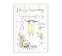 Hunts England - Wife 3rd Anniversary Card - A5 Size - Champagne Flutes - Gold Foil - 3rd Anniversary Card For Wife - Three Years - Third Anniversary - Milo's Gallery