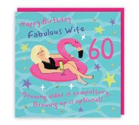 Hunts England Wife 60th Birthday Card Flamingo Float Funny Cheeky | Laugh Out Loud, Funny, Colourful, Pink, Drink, Fun, Sixty, Age 60, Female, For Her, Women, 14.5 x 14.5 cm