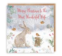 Hunts England - Wife Cute Hare Christmas Card - Nature's Treasures - For Her, Female - Happy Animal Wildlife Cute Merry Xmas Card - Robins And Snow - From Husband