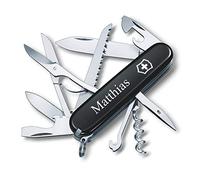 Huntsman Pocket Knife with Desired Print on the Bowl, Gift for Men and Women, for Birthday, Swiss Army Knife Personalised with 15 Functions, 1.3713 (Black)
