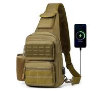 HUNTVP Sling Bag with Water Bottle Holder for Men Women, MOLLE Tactical Water Resistant Chest Bag with USB Port, Lightweight Crossbody Shoulder Backpack for Travel, Hiking, Cycling