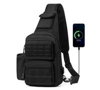 HUNTVP Sling Bag with Water Bottle Holder for Men Women, MOLLE Tactical Water Resistant Chest Bag with USB Port, Lightweight Crossbody Shoulder Backpack for Travel, Hiking, Cycling