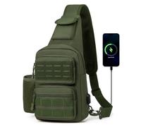 HUNTVP Sling Bag with Water Bottle Holder for Men Women, MOLLE Tactical Water Resistant Chest Bag with USB Port, Lightweight Crossbody Shoulder Backpack for Travel, Hiking, Cycling
