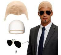 HUNUH 4PCS Bald Caps for Adults Men Women Costume Accessory Set, Makeup Bald Head Wig Cap with Sunglasses, Mens Ladies Music Icon Famous Celebrity Fancy Dress Props
