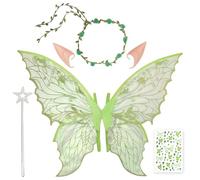 HUNUH 5PCS Fairy Wings,Butterfly Wings Cape with Wand, Crown, Fairy Ears, Flower Headband and Diamond Stickers, Fairy Angel Princess Costume Set for Halloween, Birthday and Christmas Parties Green