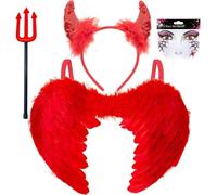 HUNUH Red Devil Costume Women,4 Piece Devil Fancy Dress Set-Red Angel Wings,Sequin Horns Headband,Fork Trident Prop and Face Stickers for Halloween Costume Parties & Events
