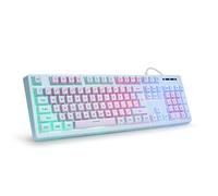 HUO JI Gaming Keyboard USB Wired with Rainbow LED Backlit, Floating Keys, Mechanical Feeling, Spill Resistant, Ergonomic for Xbox, PS Series, Desktop, Computer, PC, Purple Blue