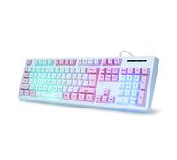 HUO JI Gaming Keyboard USB Wired with Rainbow LED Backlit, Floating Keys, Mechanical Feeling, Spill Resistant, Ergonomic for Xbox, PS Series, Desktop, Computer, PC, Blue Purple