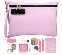 HUONIC PU Leather Travel Storage Bag with 8 PCS Accessories, Medium Size Handy Cosmetic Pouch with Combination Lock, Travel Money Bag for Women, Great Gifts Ideal (Light Pink)