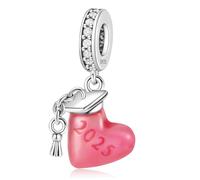 HuooNew 925 Sterling Silver 2025 Graduation Glow in the Dark Pink Heart Charm Fits Pandora Bracelets DIY Jewelry Gift for Women