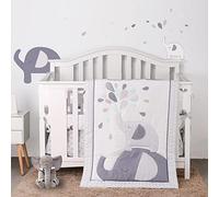 HUPO 6 PC Elephant Crib Bedding Sets for Baby Boys,Grey/White Crib Set with Crib Skirt/Quilt/Crib Sheet/3 Wall Stickers