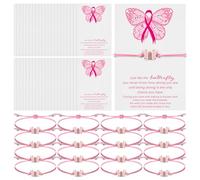 Huquary 100 Set Breast Cancer Awareness Bracelets Bulk Pink Adjustable Butterfly Bracelet with Hope Faith Strength Love Card Inspirational Wristband Gifts for Women Ovarian Fundraisers Party Favors