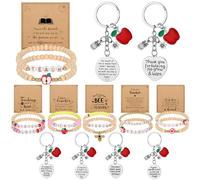 Huquary 12 Pcs Teacher Appreciation Gift Set for Women Teacher Appreciation Bracelets Gifts with Cards and Key Chains Wooden Beaded Elastic Bracelets for Season Birthday Retirement Present