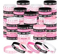 Huquary 120 pcs Pink out Breast Cancer Awareness Silicone Bracelets Set, Pink Ribbons Hope Strength Stretch Wristbands, Motivational Sport Bracelet with Inspirational Messages for Women, 1.2-inch