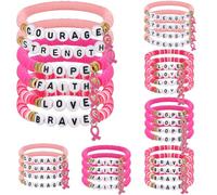 Huquary 24 Pcs Breast Cancer Awareness Bracelets for Women Pink Ribbon Polymer Clay Letter Beaded Stretch Bracelets Breast Cancer Awareness Gifts for Women
