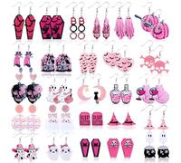 Huquary 24 Pcs Halloween Earrings for Women Pink Ghost Skeleton Bat Knife Drop Dangle Earrings Halloween Party Jewelry Gift, 3.93, 70% Acrylic, 30% Alloy, No Gemstone