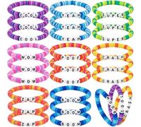 Huquary 24 Pcs Hero Party Bracelet Favors Bulk, 8 Styles | Colorful Clay Bead Stretch Bracelet Comic Boom Zap Wow Goodie Bag Fillers Hero Theme Classroom Prize Birthday Party Supply