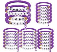 Huquary 24 Pcs Purple Pancreatic Cancer Awareness Products Purple Ribbon Polymer Clay Letter Beaded Stretch Bracelets Pancreatic Cancer Awareness Produts for Women Public Charity Welfare Event