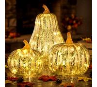 Huquary 3 Pack Fall Glass Pumpkin with Light for Tabletop Decor LED Lighted Mercury Glass Pumpkin Decorations Fall Table Centerpieces for Thanksgiving Halloween Autumn Home Mantel Indoor Decor(Gold)