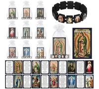 Huquary 30 Pcs Catholic Gifts Set Scripture Catholic Prayer Cards Devotional Religious Wood Rosary Stretch Bracelets and Organza Bags Baptisms Gifts Bulk for Women Men Christmas Christian Party Favors