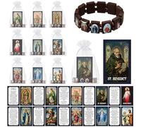 Huquary 30 Pcs Catholic Gifts Set Scripture Catholic Prayer Cards Devotional Religious Wood Stretch Bracelets and Organza Bags Baptisms Gifts Bulk for Christmas Christian Party Favors, about 2.56 x
